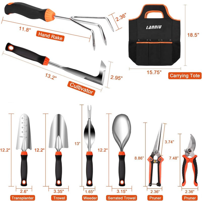 LANNIU Garden Tool Set, 9 Piece Stainless Steel Heavy Duty Gardening Tool Set, with Non-Slip Rubber Grip, Storage Pocket, Ideal Gardening Gifts for Men - Image 2